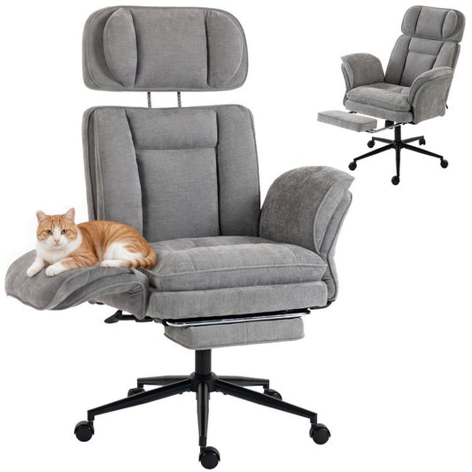 Gray office chair with adjustable headrest and flip-up armrests, swivel base with wheels