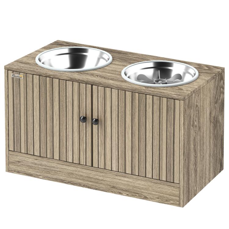 Wood-grain pet feeding cabinet with two raised stainless steel bowls on top