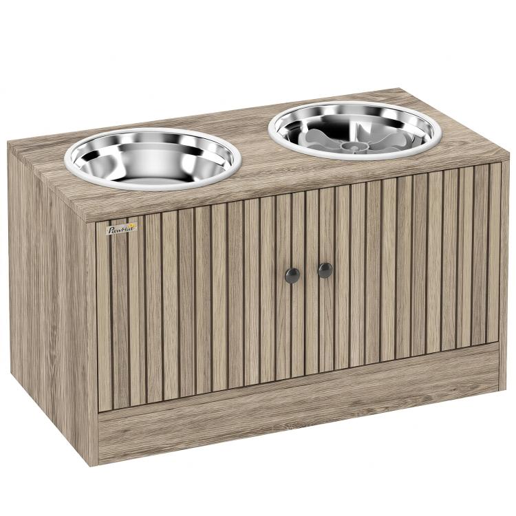 Wood-grain storage cabinet with two stainless dog bowls and slow-feeder tray