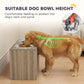 Wood-grain elevated dog feeding station with two stainless bowls beside a dog