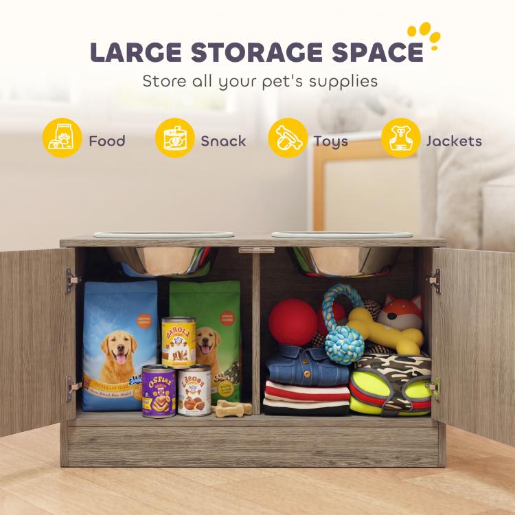 Wood-grain storage cabinet open to show supplies and two stainless steel bowls
