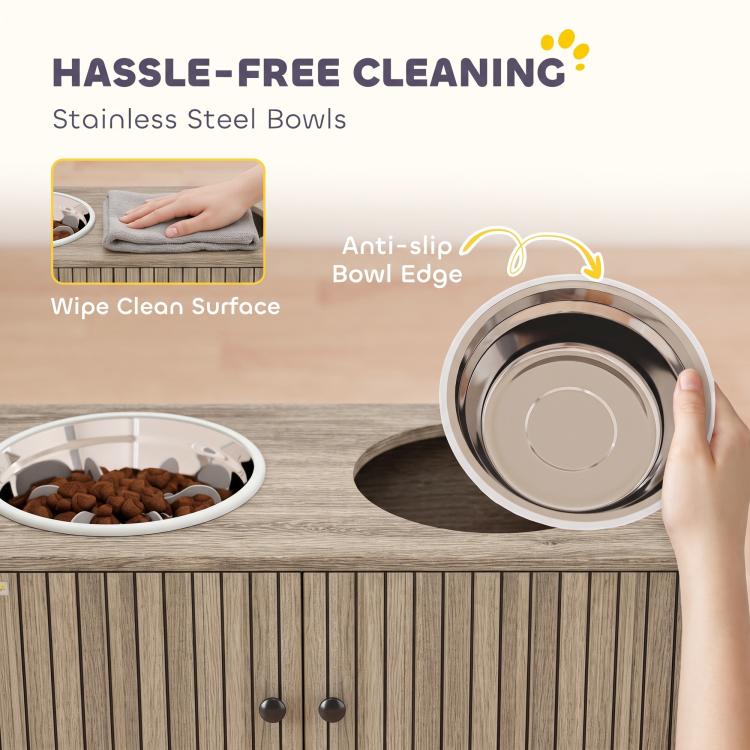 Wood-grain feeding cabinet with stainless bowls and wiping-clean countertop edge