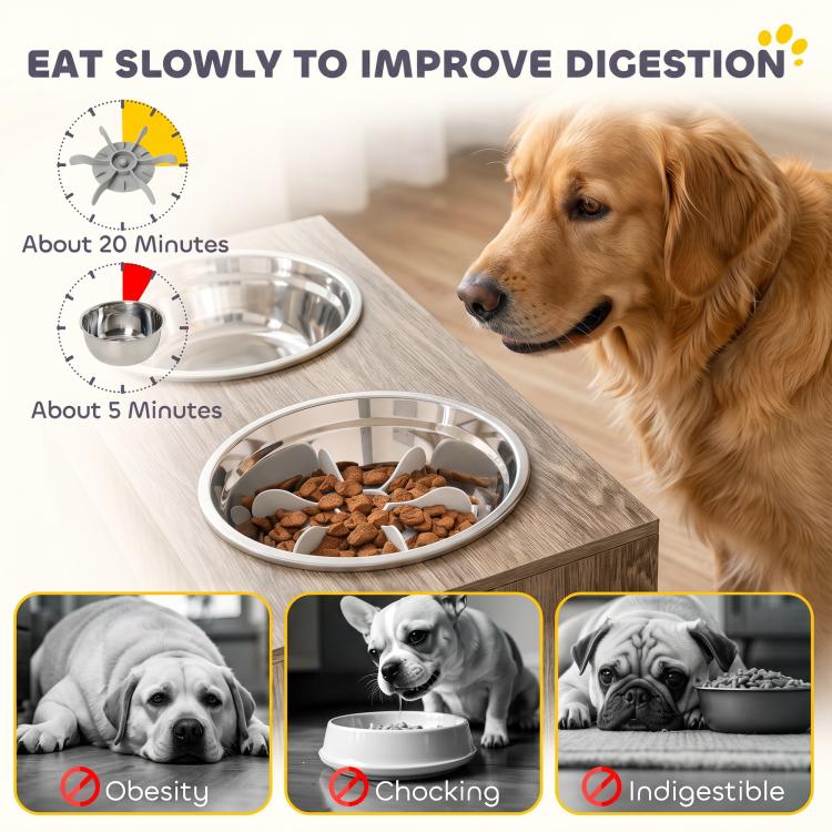 Golden retriever eating from a stainless bowl on a wood-grain feeding station