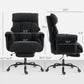 Black reclining office chair with headrest and footrest, detailed front and side views