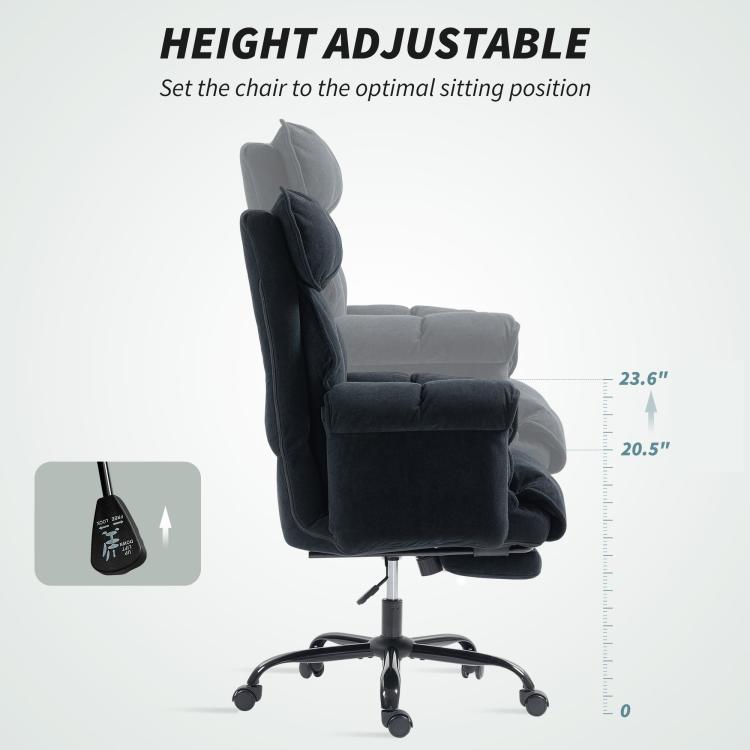 Black height-adjustable reclining office chair with headrest and footrest