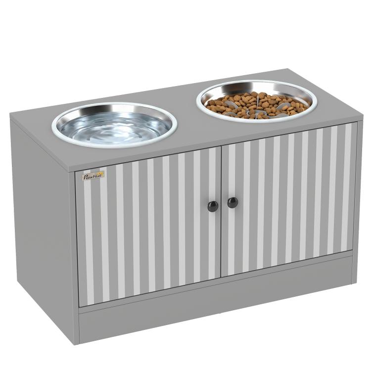 Gray dog feeding cabinet with two raised stainless steel bowls and striped front doors