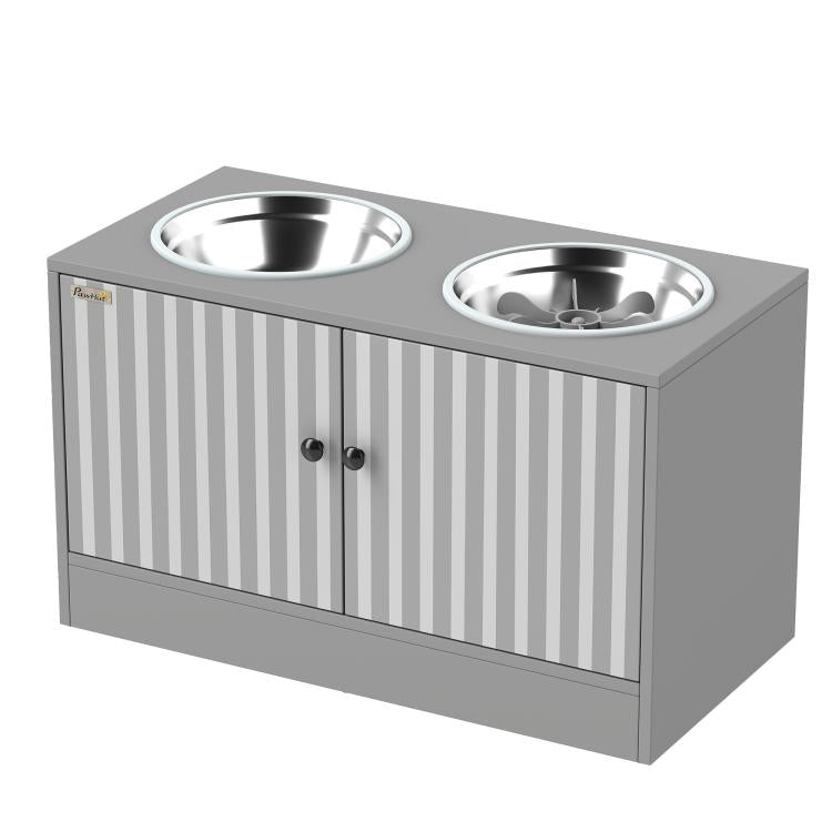 Gray elevated dog feeder cabinet with two stainless steel bowls on top