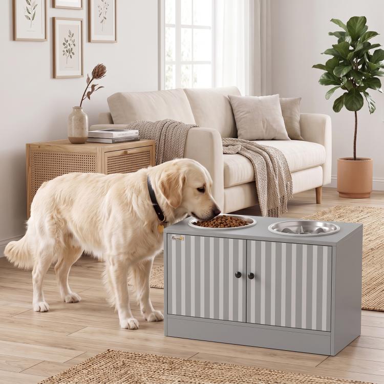 Gray dog feeding station with cabinet and two stainless steel bowls, including slow feeder