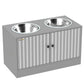 Gray cabinet dog feeding station with two stainless steel bowls and striped doors