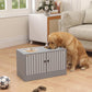 Golden dog eating from raised stainless steel bowls on a gray storage cabinet
