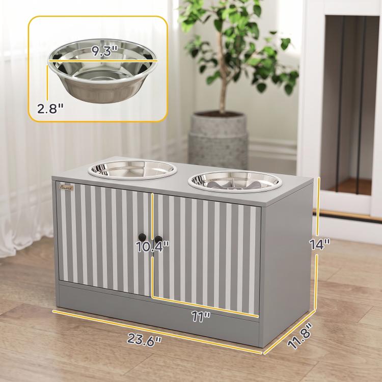 Gray dog feeding station cabinet featuring two stainless steel bowls and storage doors