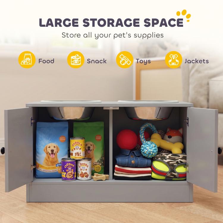 Gray dog feeding cabinet with doors open, showing storage space inside