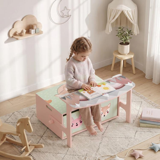 Kids toy box chest table with two drawers, pastel bunny and fox panels, child playing