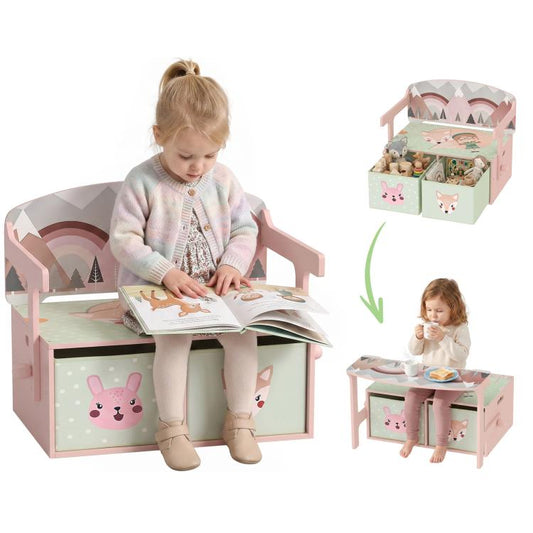 Kids toy box chest with two fabric drawers, pink, bunny and fox prints