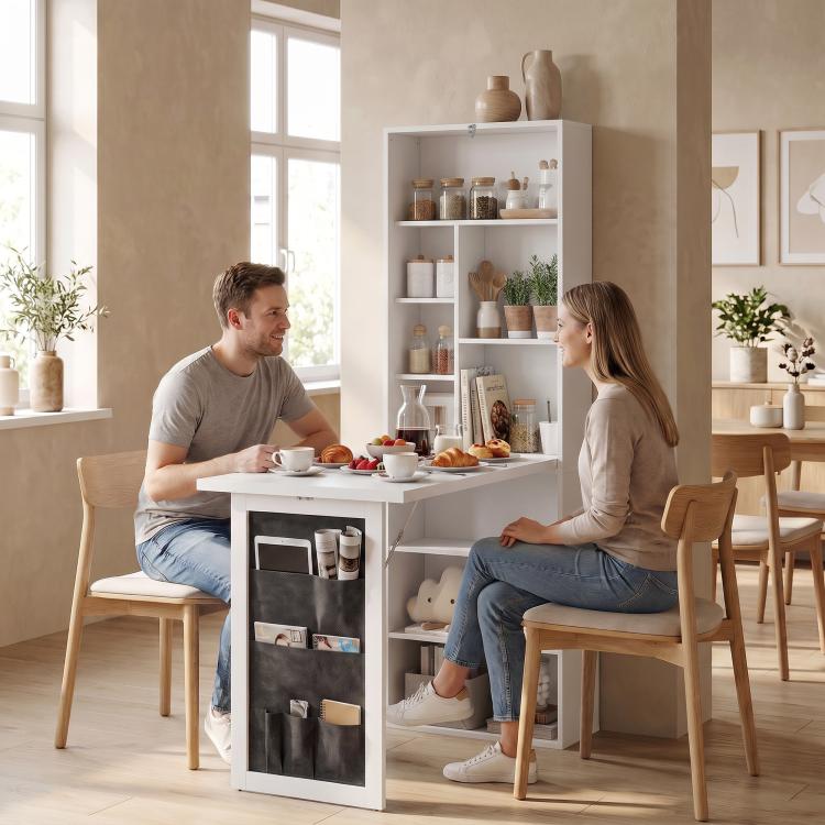 White foldable wall-mounted writing desk with open shelves and storage cabinet