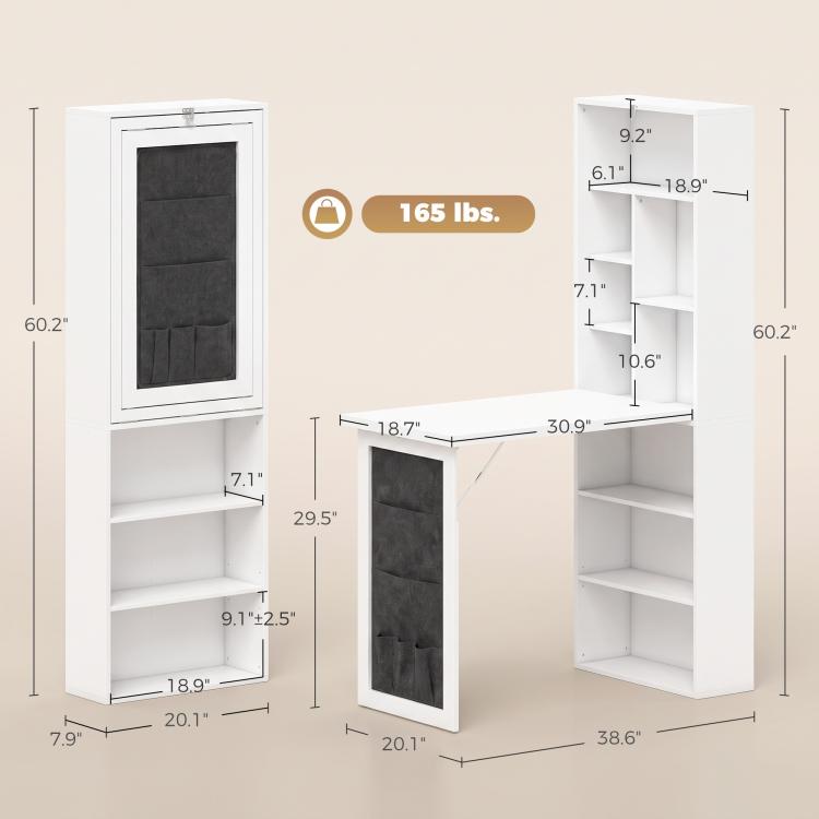White foldable writing table with open shelves and black pocket panel, shown with dimensions