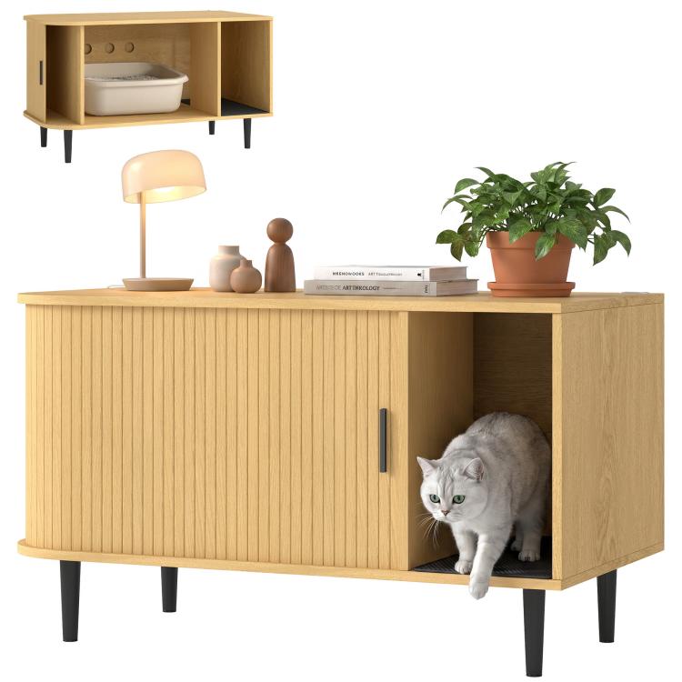 Light wood cat litter box enclosure with sliding door, open front, gray cat inside