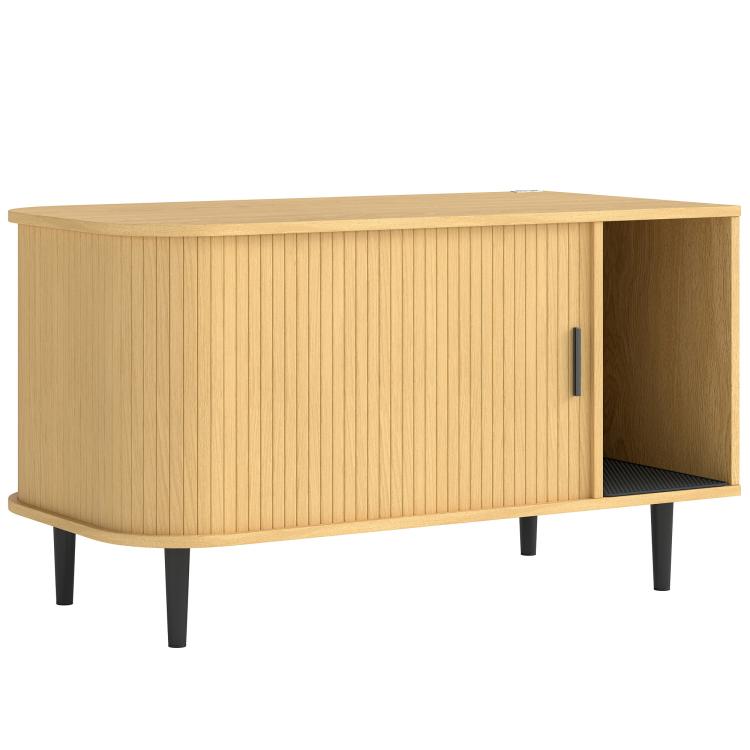 Wood cat litter box enclosure with sliding door, side opening, and black legs