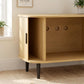 Wood cat litter box enclosure with sliding door, open side view, dark legs