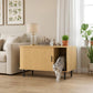 Light wood cat house litter box enclosure with open side door, gray cat walking