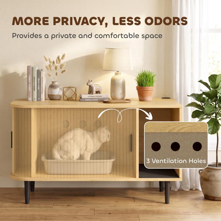 Wood cat litter box enclosure with front door partly open, gray cat inside