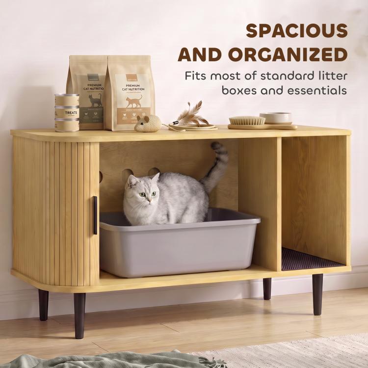 Wood cat litter box enclosure with open front, gray cat in plastic litter tray