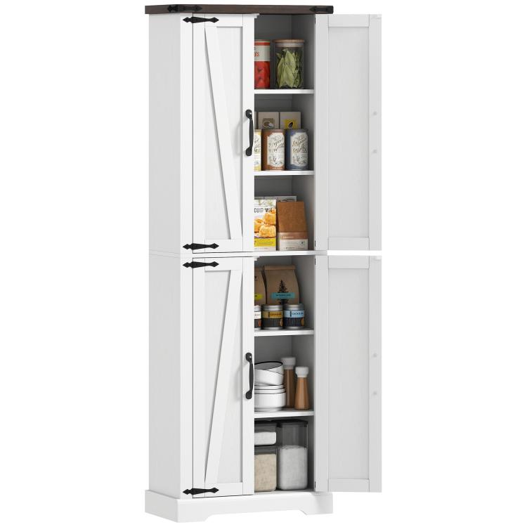 White tall pantry cabinet with barn doors and open interior shelves for storage