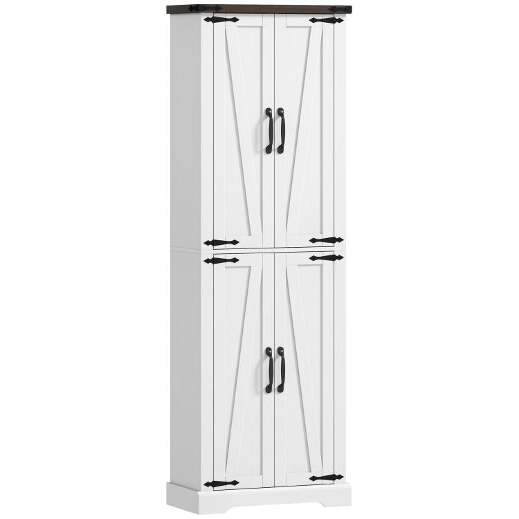 White freestanding pantry cabinet with vertical barn-style doors and black handles