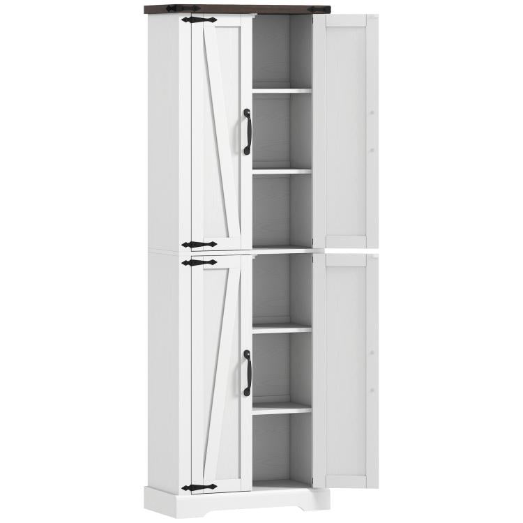 White freestanding pantry cabinet open door showing adjustable interior shelves