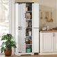 White pantry cabinet with open barn doors showing shelves stocked with kitchen items