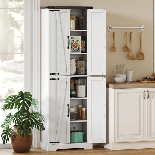 White pantry cabinet with open barn doors showing shelves stocked with kitchen items