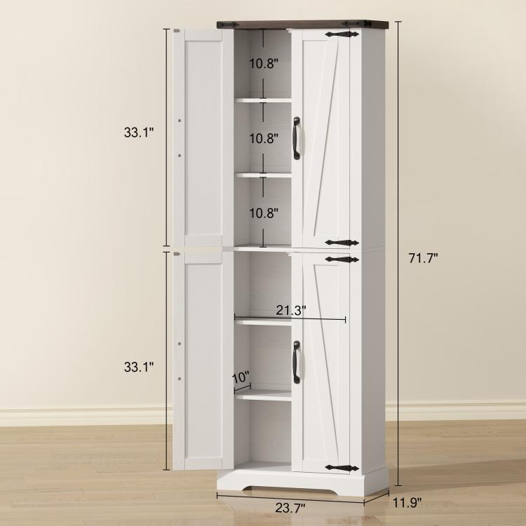 White tall pantry cabinet with open doors and measured dimensions on stand