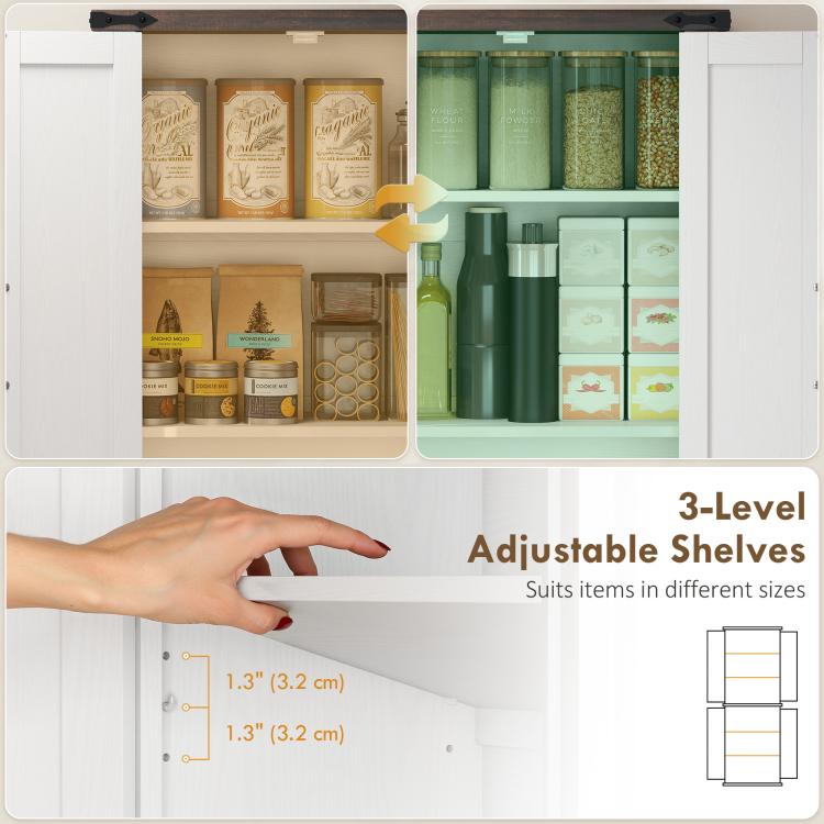 White pantry cabinet interior with two-door open shelves and adjustable levels