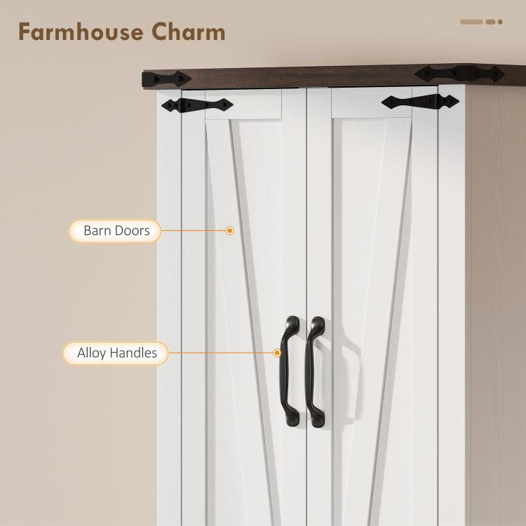White pantry cabinet with barn doors, dark bar top, and alloy handle pulls