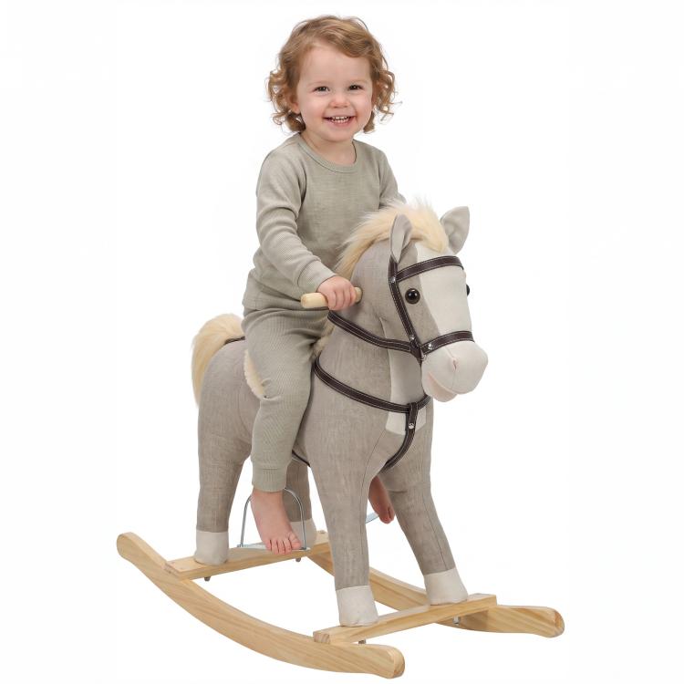 Gray rocking horse ride-on toy with wooden rockers, plush mane and tail