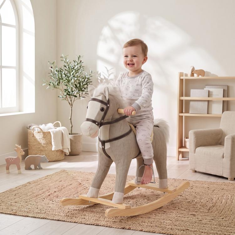 Gray plush rocking horse ride-on toy with toddler riding, wooden rockers