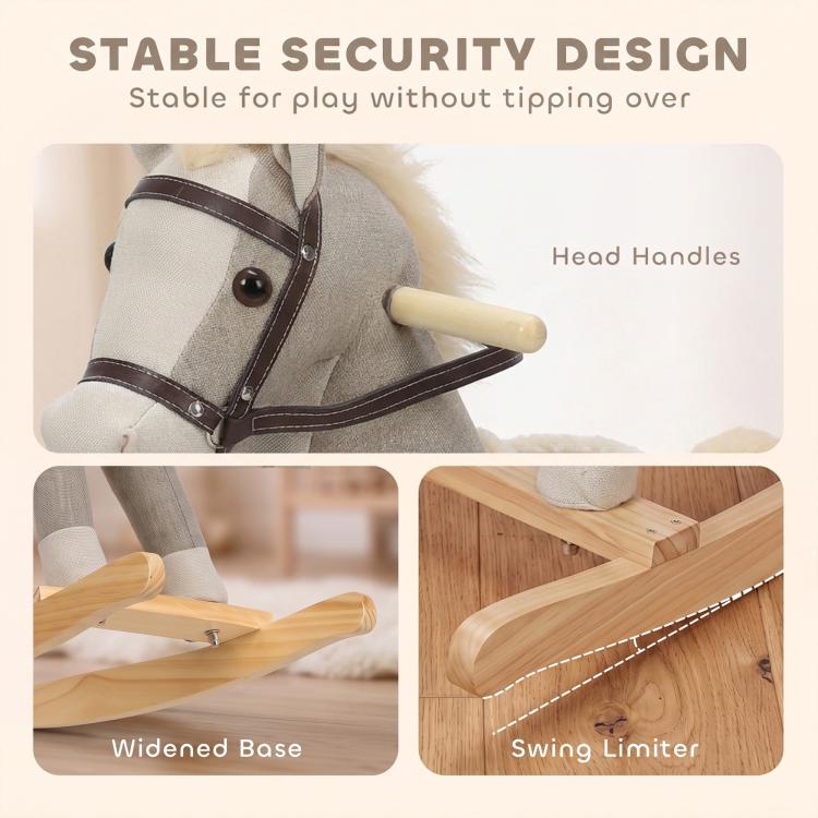 Gray plush rocking horse toy close-up showing harness and wide stabilizing base