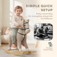 Gray rocking horse ride-on toy with toddler, wooden base and upright handlebar