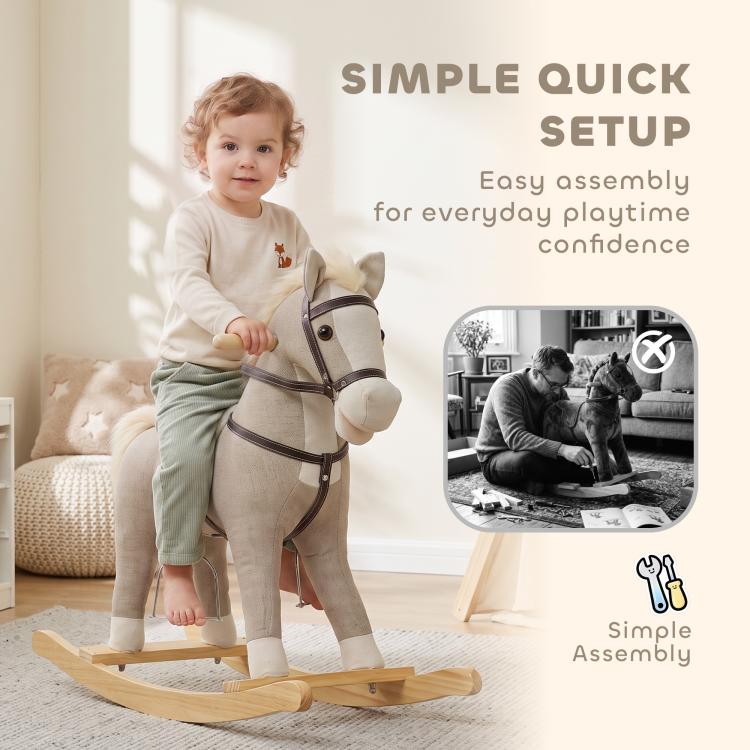 Gray rocking horse ride-on toy with toddler, wooden base and upright handlebar