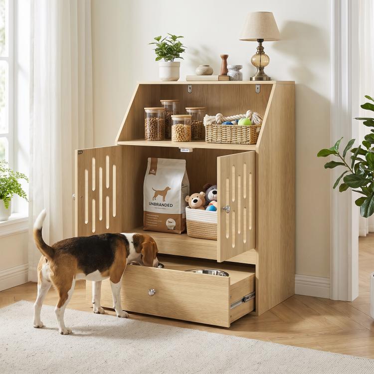Light wood pet feeding cabinet with open shelves, side doors, and two elevated bowls