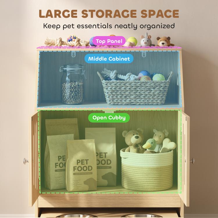 Pet feeding cabinet open with top storage area and middle cubby baskets