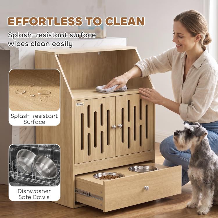 Wood pet feeding cabinet with splash-resistant doors and two removable dishwasher-safe bowls