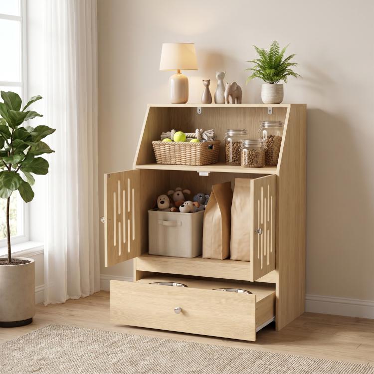 Light wood pet feeding cabinet with open storage compartments and two elevated metal bowls