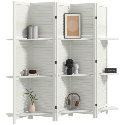 White 5-panel folding privacy screen room divider with built-in shelves and storage pockets.