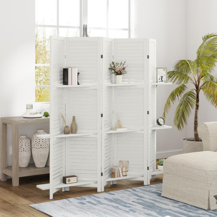 White folding privacy screen room divider with three-tier shelves in a living room setup.