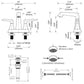 Two-handle deck-mount lavatory faucet diagram with measurements and pop-up drain