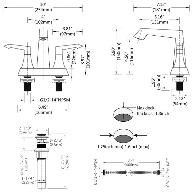 Two-handle deck-mount lavatory faucet diagram with measurements and pop-up drain