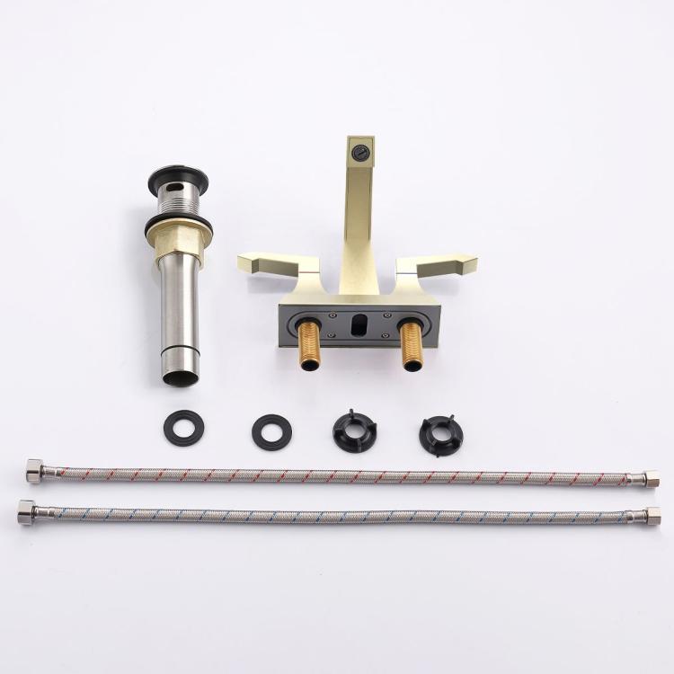 Two-handle deck-mount faucet kit in brushed gold with pop-up drain parts and supply lines