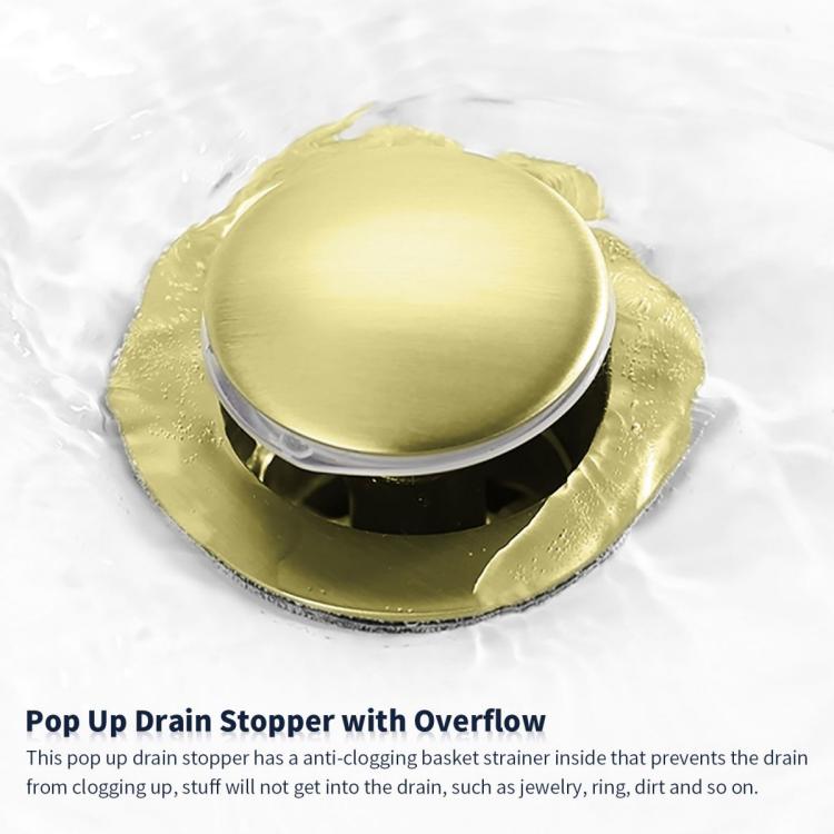 Brushed gold pop-up drain stopper with overflow for bathroom sink