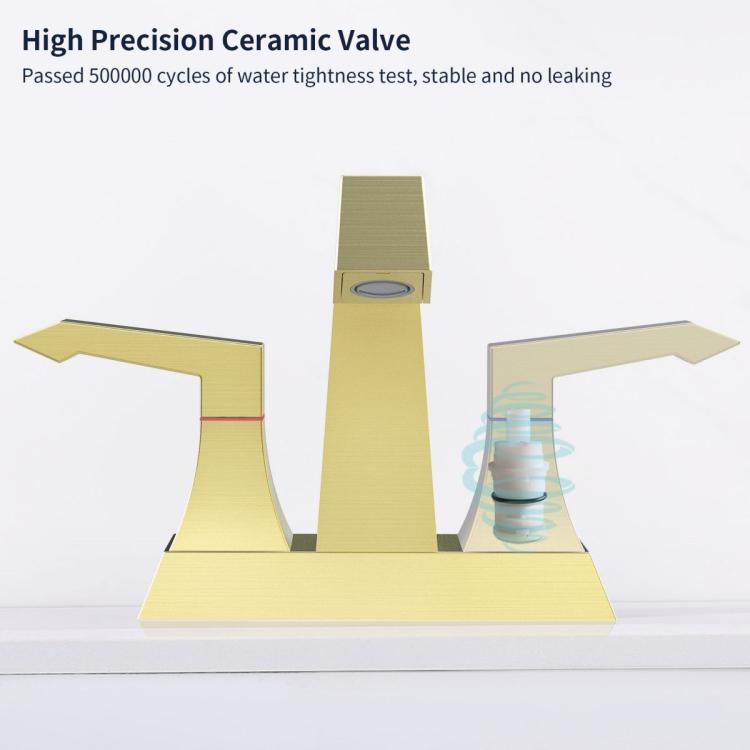 Brushed gold two-handle faucet with ceramic valve shown and central spout